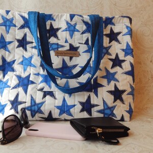 Blue and White Stars Tote Bag with Pockets, Quilted Fabric Tote, Market Shopping Tote or Project Bag, Roomy Medium 14.5"Wx14.5"Hx5"D