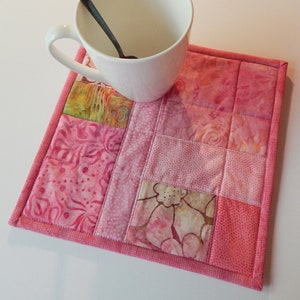 Coffee Mug Rug, Quilted Mug Mat, Coffee Coaster Heat Reflective Batting, Candle Mat, Quilted Coaster, Light Pink Patchwork, Square 8x8