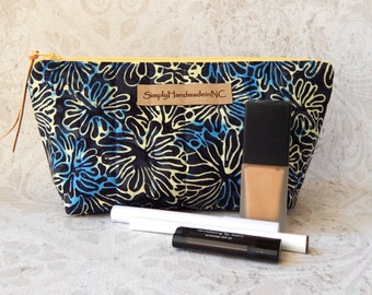 Make up Pouch or Cosmetic Bag, Use for Makeup or Travel, Quilted Cotton Zipper Bag, Navy Blue with Yellow Floral, Medium 7"W x 4.5"H x 3" D