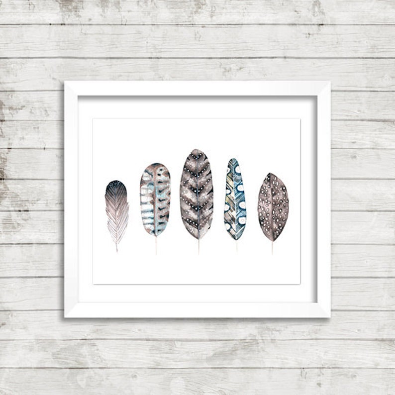 Feather Row Neutral/blue Wall Art Etsy