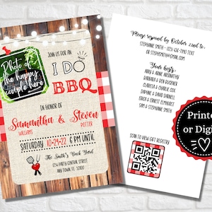 May include: A rustic wedding invitation with a red and white checkered background. The invitation features a photo booth frame with the text "Photo of the happy couple here". The invitation also includes the text "Join us for an I Do BBQ" and the names "Samantha & Steven".