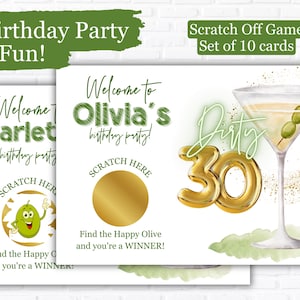 May include: Set of 10 scratch off game cards with a green and white design. The cards feature a martini glass with olives, a gold number 30, and the text "Dirty 30". The cards also have a gold circle with the text "Scratch Here" and the text "Find the Happy Olive and you're a WINNER!"