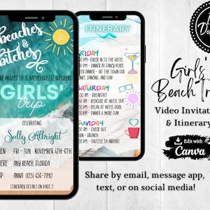 Girls&#39; Beach Trip Video Invitation and Itinerary | Bachelorette | Birthday | Digital Template | Animated Template | Evite
