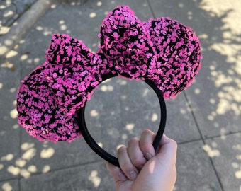 Neon Pink sequin with black velvet Mouse Ears