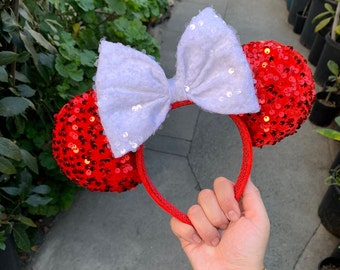 Red velvet sequin with white bow Mouse Ears