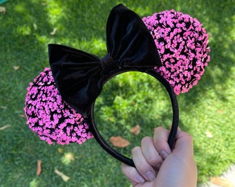 Neon Pink sequin with black velvet bow Mouse Ears