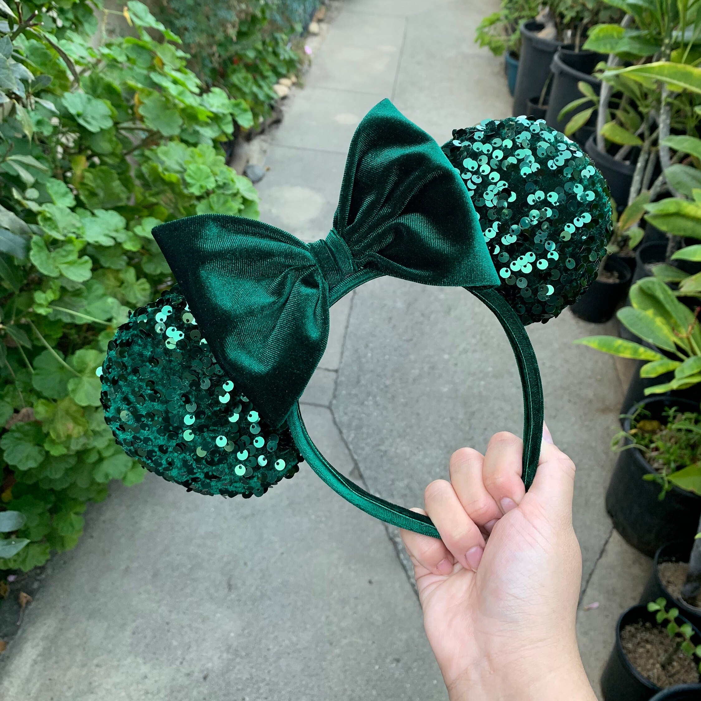 Custom made mouse ears. Green velvet with rhinestones. Forest Green Holiday Pearls Mickey Ears - Christmas Mickey  main image 4