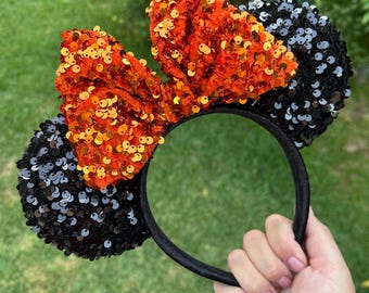 Black and Orange velvet Sequin Halloween Mouse Ears