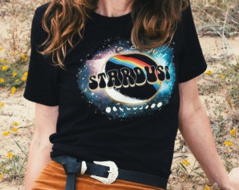 we are all just stardust womens graphic tee celestial shirt womens space t shirt vintage 70s tee seventies rainbow t shirt 70s tee for women