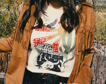 vintage desert shirt womens 70s graphic tees southwestern eagle arizona tshirt 70s shirt southwest tee sunburst flames shirt