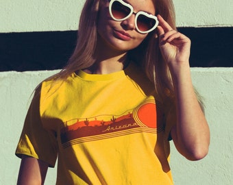 arizona desert graphic tee | womens graphic tee | 70s vintage style arizona tshirt | yellow retro graphic tee | cactus shirt | southwest tee