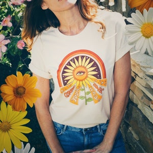 womens graphic tees - grow your own way 70s graphic tee for women vintage hippie t shirt retro tees retro graphic tees for women sunburst
