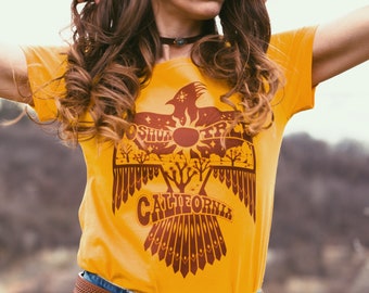 joshua tree thunderbird graphic tee | womens graphic tee | 70s 60s vintage style retro yellow shirt | southwest native t shirt | western tee