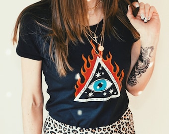 all seeing eye graphic tee women's rock n roll witchy clothing tarot illuminati evil eye tee eye of providence enlightened pyramid shirt