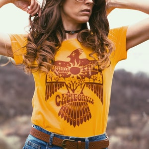joshua tree thunderbird graphic tee | womens graphic tee | 70s 60s vintage style retro yellow shirt | southwest native t shirt | western tee