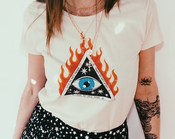 all seeing eye graphic tee women's rock n roll witchy clothing tarot illuminati evil eye tee eye of providence enlightened pyramid shirt