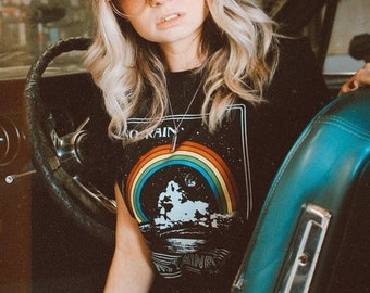No Rain No Rainbow - vintage women&#39;s 70s graphic tees for women vintage band shirt rock n roll clothing hippie tshirt retro womens band tee