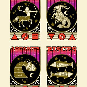 May include: A colorful illustration of the 12 zodiac signs with their corresponding dates. Each sign is depicted with its astrological symbol and a representative image. The signs are Sagittarius, Capricorn, Aquarius, and Pisces.