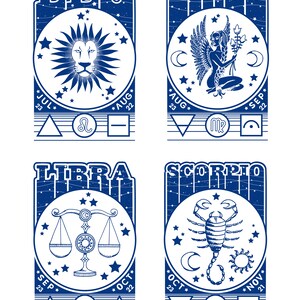 May include: A blue and white illustration of the zodiac signs Leo, Virgo, Libra, and Scorpio. Each sign is depicted with its corresponding symbol and dates. The background is a starry night sky.