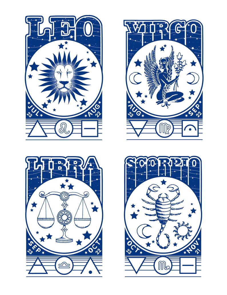 May include: A blue and white illustration of the zodiac signs Leo, Virgo, Libra, and Scorpio. Each sign is depicted with its corresponding symbol and dates. The background is a starry night sky.