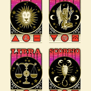 May include: A set of four zodiac signs, each with a different astrological symbol and dates. The signs are Leo, Virgo, Libra, and Scorpio. Each sign is depicted in a circle with a black background and gold accents. The signs are surrounded by a gradient background of pink and purple.