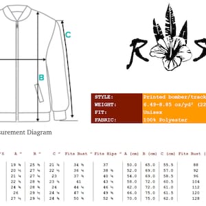 May include: A measurement diagram for a bomber jacket with a size chart showing US women's and men's sizes, bust and hip measurements in inches and centimeters. The jacket is made of 100% polyester and weighs 6.49-8.85 oz/yd&sup2; (220-300 g/m&sup2;).