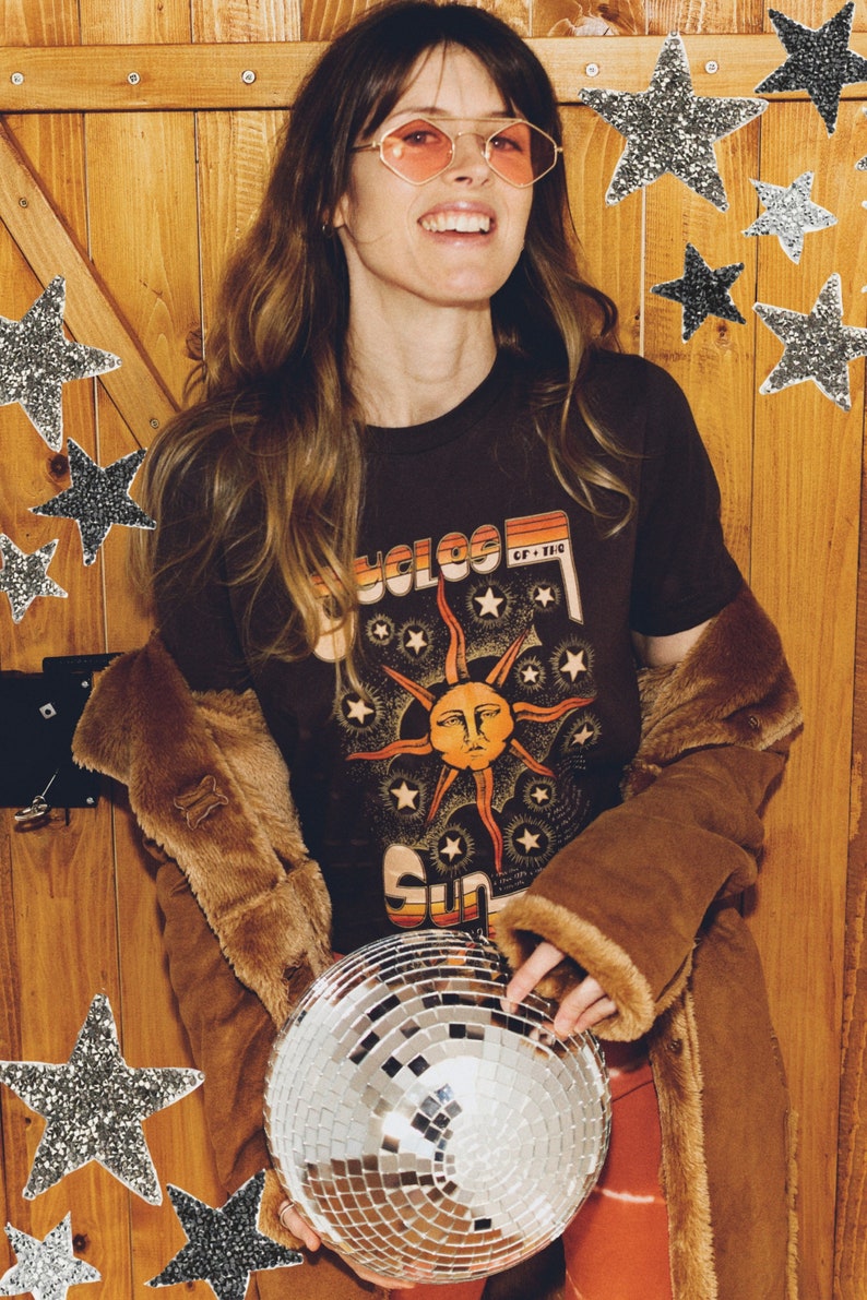 sun tshirt womens 70s clothing retro tee womens graphic tees solar cycles shirt ancient sun vintage sun art tshirt celestial tee stars shirt image 3