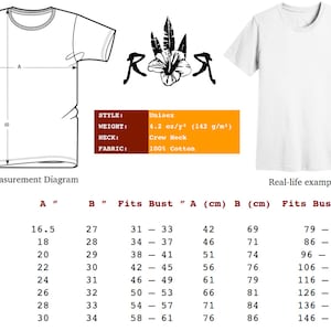 May include: White unisex crew neck t-shirt with a measurement diagram and a real-life example. The diagram shows sizes XS to 4XL, with measurements in inches and centimeters. The shirt is made of 100% cotton and weighs 4.2 oz/y&sup2;.