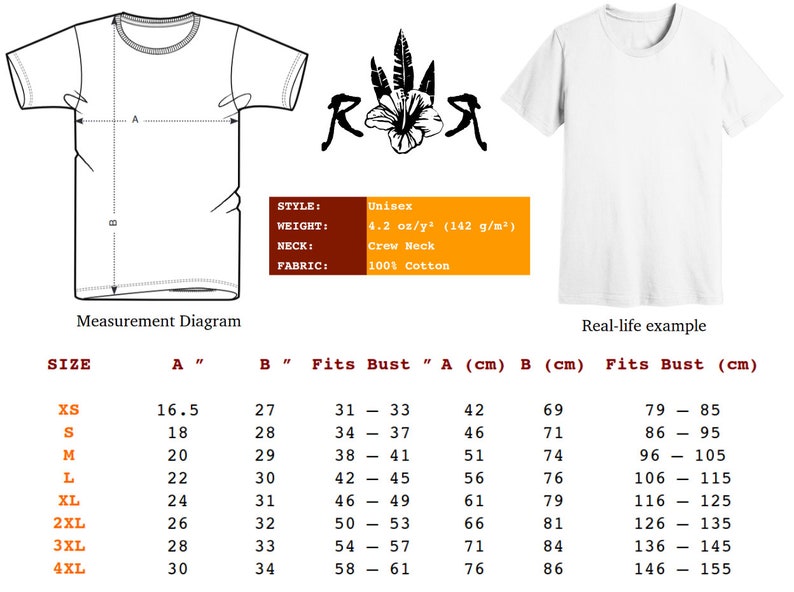 May include: White unisex crew neck t-shirt with a measurement diagram and a real-life example. The diagram shows sizes XS to 4XL, with measurements in inches and centimeters. The shirt is made of 100% cotton and weighs 4.2 oz/y&sup2;.