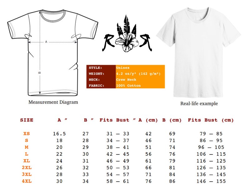 May include: A size chart for a unisex t-shirt, showing measurements in inches and centimeters. The chart includes the size, length, width, and bust measurements for each size. The chart also includes a real-life example of the t-shirt.