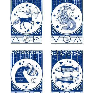 May include: A set of four blue and white zodiac signs with illustrations of the astrological symbols. The signs are Sagittarius, Capricorn, Aquarius, and Pisces. Each sign includes the dates of the zodiac and the astrological symbol.