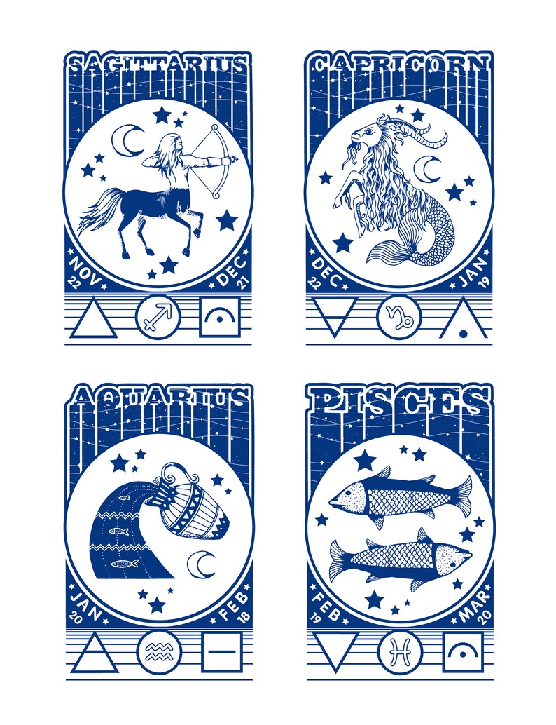 May include: A set of four blue and white zodiac signs with illustrations of the astrological symbols. The signs are Sagittarius, Capricorn, Aquarius, and Pisces. Each sign includes the dates of the zodiac and the astrological symbol.