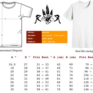 May include: A size chart for a unisex t-shirt with a crew neck. The chart shows measurements in inches and centimeters for sizes XS to 4XL. The t-shirt is made of 100% cotton and weighs 4.2 ounces per square yard.