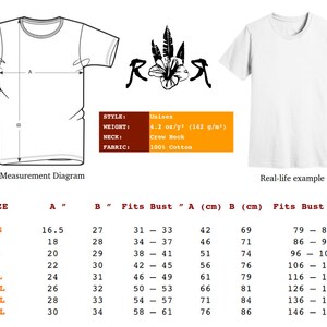 May include: A size chart for a unisex t-shirt, showing measurements in inches and centimetres. The chart includes the size, length, width, and bust measurements for each size. The chart also includes a real-life example of the t-shirt.