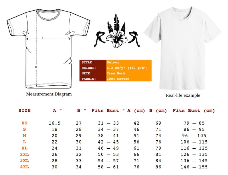 May include: A size chart for a unisex t-shirt, showing measurements in inches and centimetres. The chart includes the size, length, width, and bust measurements for each size. The chart also includes a real-life example of the t-shirt.