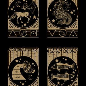 May include: A vintage-style illustration of the zodiac signs Sagittarius, Capricorn, Aquarius, and Pisces. Each sign is depicted with its corresponding symbol and dates. The illustrations are in black and gold on a black background.