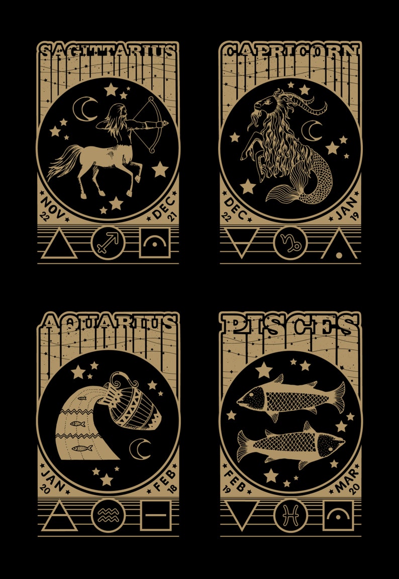 May include: A vintage-style illustration of the zodiac signs Sagittarius, Capricorn, Aquarius, and Pisces. Each sign is depicted with its corresponding symbol and dates. The illustrations are in black and gold on a black background.