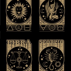 May include: A black and gold graphic illustration of the zodiac signs Leo, Virgo, Libra, and Scorpio. Each sign is depicted with its corresponding astrological symbol and dates. The background is black with a gold border.