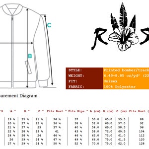 May include: A measurement diagram for a bomber jacket with a size chart showing US women's and men's sizes, bust and hip measurements in inches and centimeters. The jacket is made of 100% polyester and weighs 6.49-8.85 oz/yd&sup2; (220-300 g/m&sup2;).