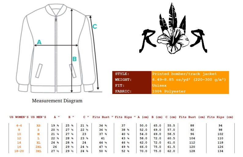 May include: A measurement diagram for a bomber jacket with a size chart showing US women's and men's sizes, bust and hip measurements in inches and centimeters. The jacket is made of 100% polyester and weighs 6.49-8.85 oz/yd&sup2; (220-300 g/m&sup2;).