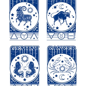 May include: A blue and white illustration of the twelve zodiac signs. Each sign is depicted with its corresponding symbol, dates, and astrological elements. The signs are Aries, Taurus, Gemini, and Cancer.