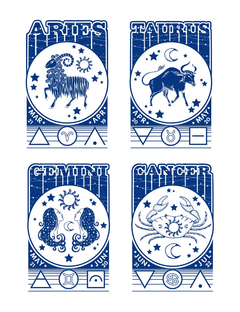 May include: A blue and white illustration of the twelve zodiac signs. Each sign is depicted with its corresponding symbol, dates, and astrological elements. The signs are Aries, Taurus, Gemini, and Cancer.