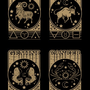 May include: A set of four gold and black zodiac signs with illustrations of the astrological symbols. The signs are Aries, Taurus, Gemini, and Cancer. Each sign includes the dates of the zodiac and the astrological symbol.