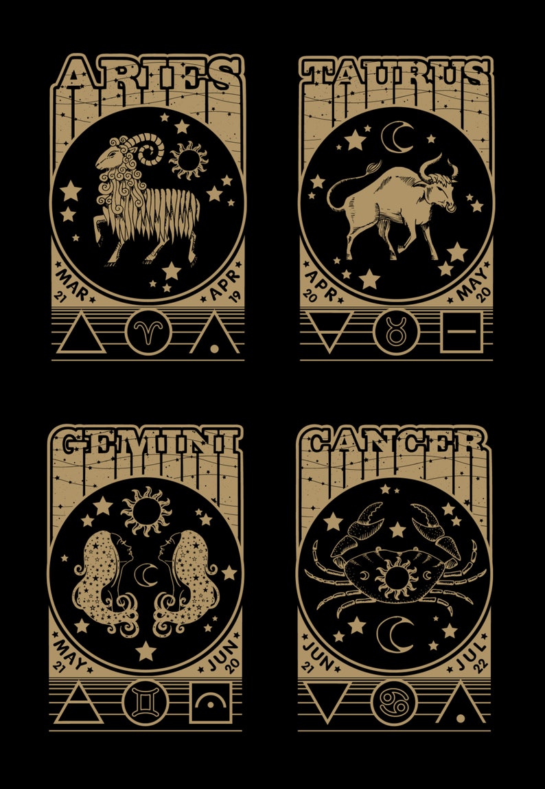 May include: A set of four gold and black zodiac signs with illustrations of the astrological symbols. The signs are Aries, Taurus, Gemini, and Cancer. Each sign includes the dates of the zodiac and the astrological symbol.
