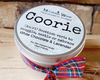 Coorie (Snuggle) Soothing Chocolate & Lavender Scottish Scotland Scots Highland Vegan Handmade Soy Tin Candle + Free Cotton Gift Bag