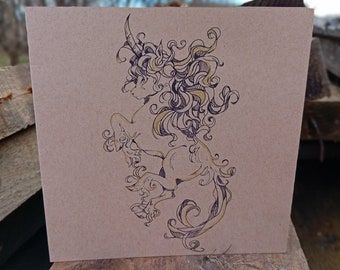 Scottish Unicorn Illustration Cute Kitsch Unique Recycled Greeting Card + Kraft Envelope + Blank Inside