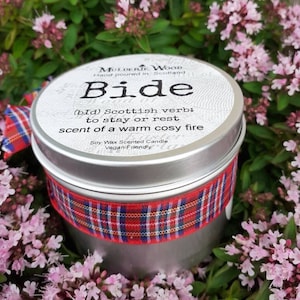 Bide Stay Open Warm Cosy Fire Wood Scottish Scotland Scots Highland Vegan Handmade Soy Tin Candle Free Cotton Gift Bag image 2