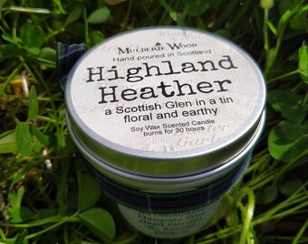 Highland Heather Scottish Glen Scented Soy Wax Tin Candle Handmade Scots Highlander Outlander Scent
