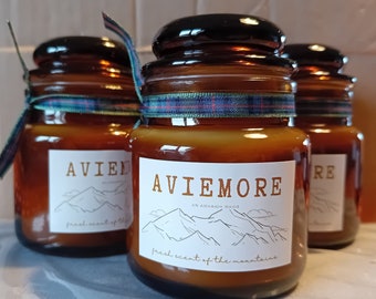 Aviemore Fresh Mountain Air Scotland Scottish Traditional 8cl Amber Glass Jar Vegan Candle