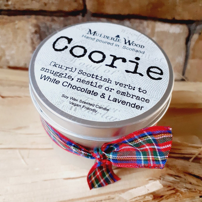 Coorie Snuggle Soothing Chocolate & Lavender Scottish Scotland Scots Highland Vegan Handmade Soy Tin Candle Free Cotton Gift Bag image 1